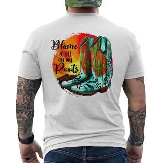 Vintage Sunset Cowgirl Boots Blame It All On My Root Western IT Funny Gifts Mens Back Print T-shirt | Mazezy