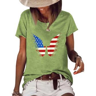 American Flag Angel Wings 4Th Of July On Back Women's Short Sleeve Loose T-shirt | Mazezy