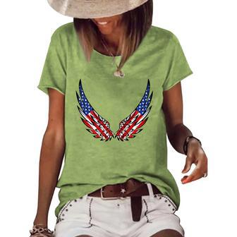 American Usa Flag Angel Wings 4Th Of July On Back Usa Funny Gifts Women's Short Sleeve Loose T-shirt | Mazezy