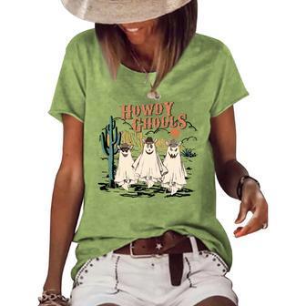 Funny Cowboy Ghost Howdy Ghouls Halloween Western Country Women's Short Sleeve Loose T-shirt | Mazezy