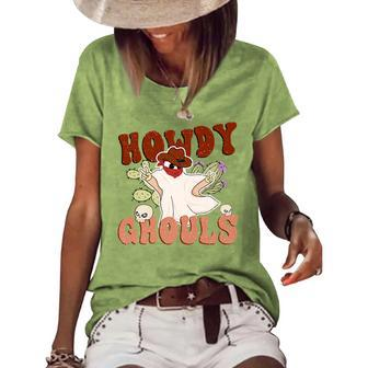 Funny Howdy Ghouls Retro Western Cowboy Retro Halloween Women's Short Sleeve Loose T-shirt | Mazezy UK