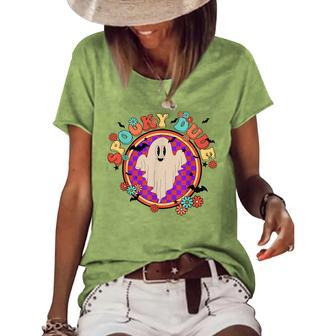Hippie Halloween Cute Spooky Dude Fun Ghost Spooky Season Women's Short Sleeve Loose T-shirt | Mazezy