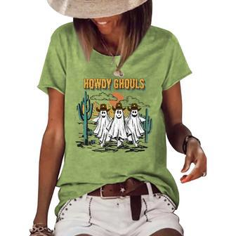 Howdy Ghouls Halloween Cowboy Ghost Western Country Cowgirl Women's Short Sleeve Loose T-shirt | Mazezy