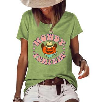 Howdy Pumpkin Rodeo Western Fall Southern Halloween Costume Women's Short Sleeve Loose T-shirt | Mazezy