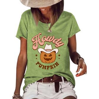 Howdy Pumpkin Western Fall Rodeo Halloween Women's Short Sleeve Loose T-shirt | Mazezy