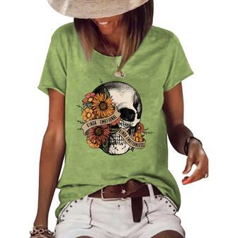 Kinda Emotional Emotionless Flower Skull Vintage Skeleton Women's Short Sleeve Loose T-shirt | Mazezy