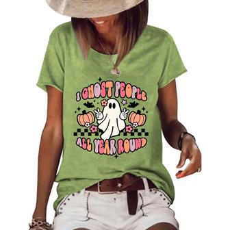 Retro I Ghost People All Year Round Groovy Hey Boo Pumpkin Pumpkin Funny Gifts Women's Short Sleeve Loose T-shirt | Mazezy