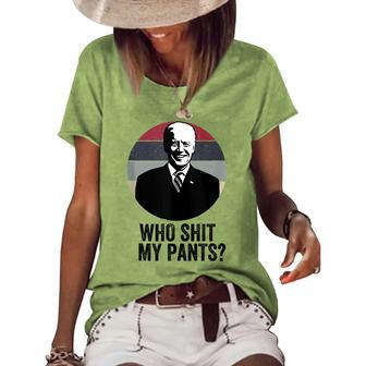 Retro Vintage Sunset Who Shit My Pants Funny Anti Joe Biden Women's Short Sleeve Loose T-shirt | Mazezy