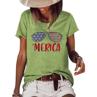Vintage American Flag Patriotic 4Th Of July Merica Sunglass Patriotic Funny Gifts Women's Short Sleeve Loose T-shirt | Mazezy