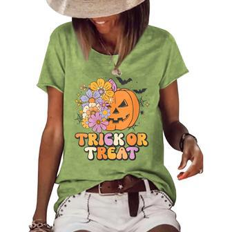 Vintage Jackolantern Pumpkin Floral Halloween Trick Or Treat Pumpkin Funny Gifts Women's Short Sleeve Loose T-shirt | Mazezy