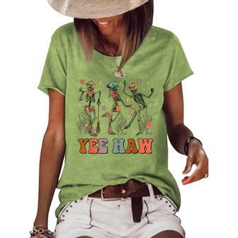 Western Cowboy Yee Haw Funny Dancing Skeleton Yee Haw Howdy Dancing Funny Gifts Women's Short Sleeve Loose T-shirt | Mazezy