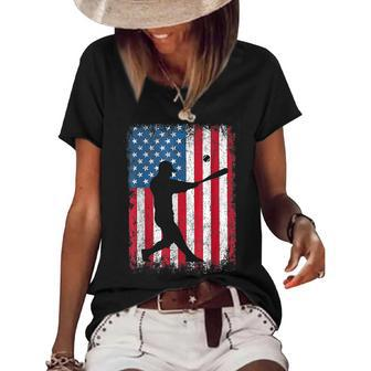 American Flag Baseball Player 4Th Of July Baseball Fan Women's Short Sleeve Loose T-shirt | Mazezy