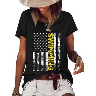 American Flag Swimming Swim Usa Patriotic Patriotic Funny Gifts Women's Short Sleeve Loose T-shirt | Mazezy