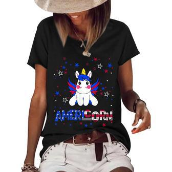Americorn American Flag Unicorn With Wings July 4Th Usa Gift Unicorn Funny Gifts Women's Short Sleeve Loose T-shirt | Mazezy