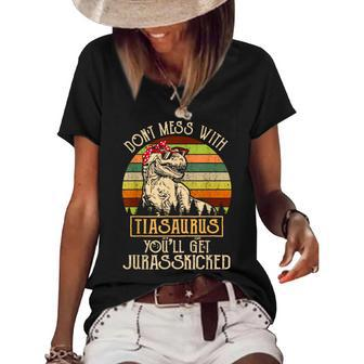 Don’T Mess With Tia Saurus Funny Dinosaur Aunt Vintage Dinosaur Funny Gifts Women's Short Sleeve Loose T-shirt | Mazezy