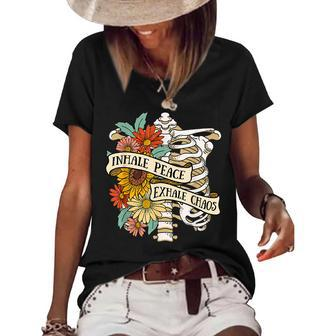 Flower Skull Halloween Vintage Inhale Peace Exhale Chaos Halloween Gifts Women's Short Sleeve Loose T-shirt | Mazezy