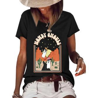 Funny Howdy Ghouls Ghost Desert Cowboy Cowgirl Halloween Women's Short Sleeve Loose T-shirt | Mazezy
