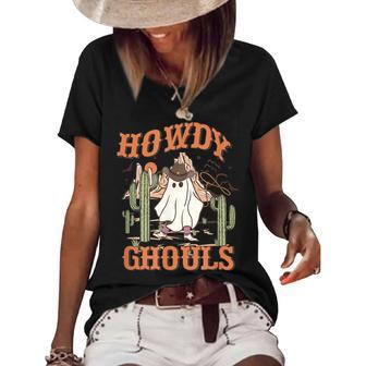 Funny Howdy Ghouls Western Cowgirl Halloween Spooky Season Women's Short Sleeve Loose T-shirt | Mazezy