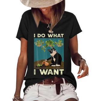 I Do What I Want Tuxedo Cat Gardening Funny Cat Quotes Gift Quotes Women's Short Sleeve Loose T-shirt | Mazezy