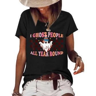 I Ghost People All Year Round Halloween Retro Ghost Fall Halloween Funny Gifts Women's Short Sleeve Loose T-shirt | Mazezy