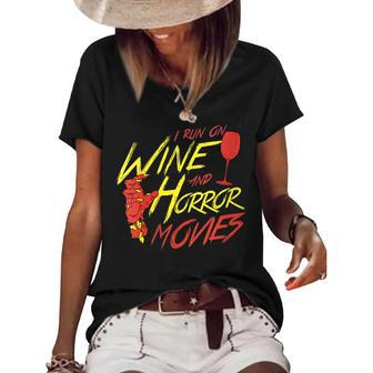 I Run On Wine And Horror Movies Funny Vintage Halloween Women's Short Sleeve Loose T-shirt | Mazezy