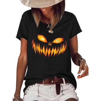 Jack O Lantern Scary Carved Pumpkin Face Halloween Costume Women's Short Sleeve Loose T-shirt | Mazezy