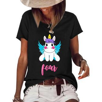 Kids 4Th Birthday Unicorn With Wings Gift For 4 Years Old Girl Unicorn Funny Gifts Women's Short Sleeve Loose T-shirt | Mazezy