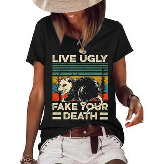 Live Ugly Fake Your Death Retro Vintage Opossum Women's Short Sleeve Loose T-shirt | Mazezy