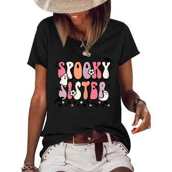 Retro Groovy Spooky Sister Fall Halloween Thanksgiving Gifts For Sister Funny Gifts Women's Short Sleeve Loose T-shirt | Mazezy