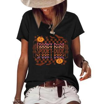Retro Halloween Spooky Dude Skeleton Pumpkin Spooky Season Women's Short Sleeve Loose T-shirt | Mazezy