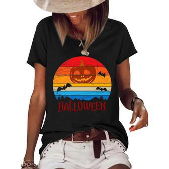 Scary Pumpkin Vintage Retro Halloween Trick Or Treat Pumpkin Funny Gifts Women's Short Sleeve Loose T-shirt | Mazezy