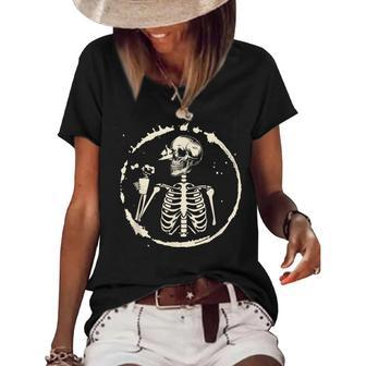 Skeleton Drinking Coffee Lazy Halloween Costume Skull Women's Short Sleeve Loose T-shirt | Mazezy