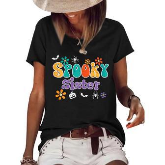 Spooky Sister Retro Vintage Groovy Matching Halloween Family Gifts For Sister Funny Gifts Women's Short Sleeve Loose T-shirt | Mazezy