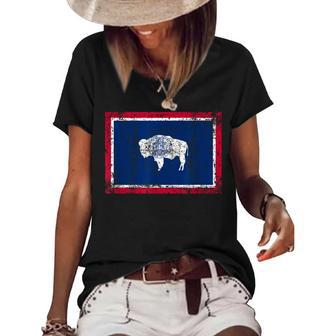 State Of Wyoming Flag Fun Vintage Retro Fall Hiking Gift Dad Dad Gifts Women's Short Sleeve Loose T-shirt | Mazezy