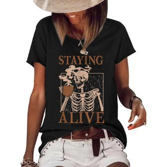 Staying Alive Skeleton Drink Coffee Funny Skull Halloween Women's Short Sleeve Loose T-shirt | Mazezy
