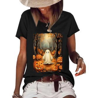 Vintage Cute Ghost Pumpkin Autumn Halloween Gothic Painting Women's Short Sleeve Loose T-shirt | Mazezy