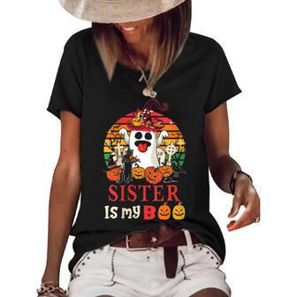 Vintage Sister Is My Boo Halloween Scary Pumpkins Boo Ghost Gifts For Sister Funny Gifts Women's Short Sleeve Loose T-shirt | Mazezy