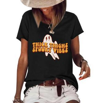 Vintage Thick Thighs Spooky Vibes Halloween Outfit Costumes Women's Short Sleeve Loose T-shirt | Mazezy