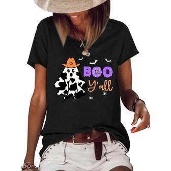 Western Boo Yall Halloween Cowboy Ghost Scary Men Women Halloween Funny Gifts Women's Short Sleeve Loose T-shirt | Mazezy