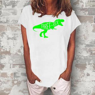 Kids 3 Year Old Birthday Boy Dinosaur Three Rex Green Dinosaur Women's Loosen T-Shirt | Mazezy