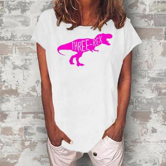 Kids 3 Year Old Birthday Girl Dinosaur Three Rex Pink Dinosaur Women's Loosen T-Shirt | Mazezy