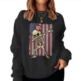4Th Of July Dabbing Skeleton American Flag Dabbing Women Sweatshirt | Mazezy