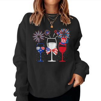 4Th Of July Red White Blue Wine Glasses Fireworks Usa Women Sweatshirt | Mazezy