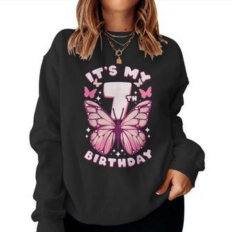 7Th Birthday Girl 7 Years Butterflies And Number 7 Women Sweatshirt - Monsterry CA