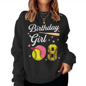 9Th Birthday Softball Player Themed Girls Nine 9 Years Old Women Crewneck Graphic Sweatshirt - Seseable