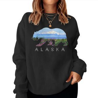 Alaskan Bear With Wildflowers & Mountain Snow Women Sweatshirt | Mazezy