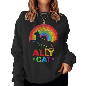 Allycat Lgbt Cat With Ally Pride Rainbow Women Crewneck Graphic Sweatshirt - Seseable