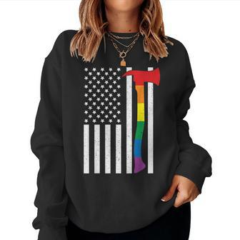 American Lgbt Firefighter Flag Us Rainbow Axe Usa Gay Pride Women Sweatshirt | Mazezy