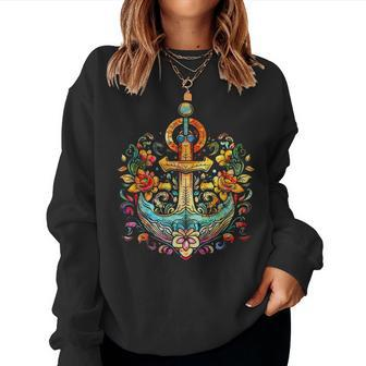 Anchor Symbol Flowers Old School Tattoo Style Retro Sea Women Sweatshirt | Mazezy