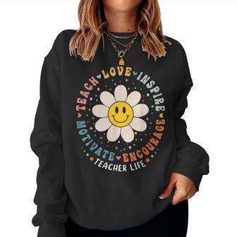 Back To School Teach Love Inspire Retro Teacher Daisy Flower Women Crewneck Graphic Sweatshirt - Seseable